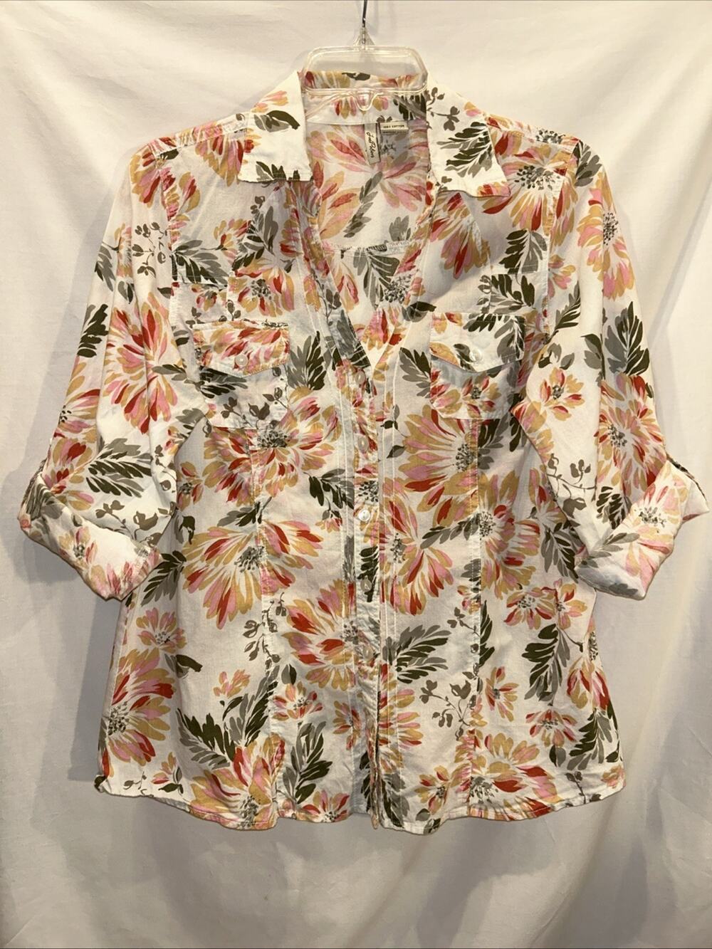 Love Potion Women's Large Floral Button Up Cotton Blouse Roll Tab Sleeve Career